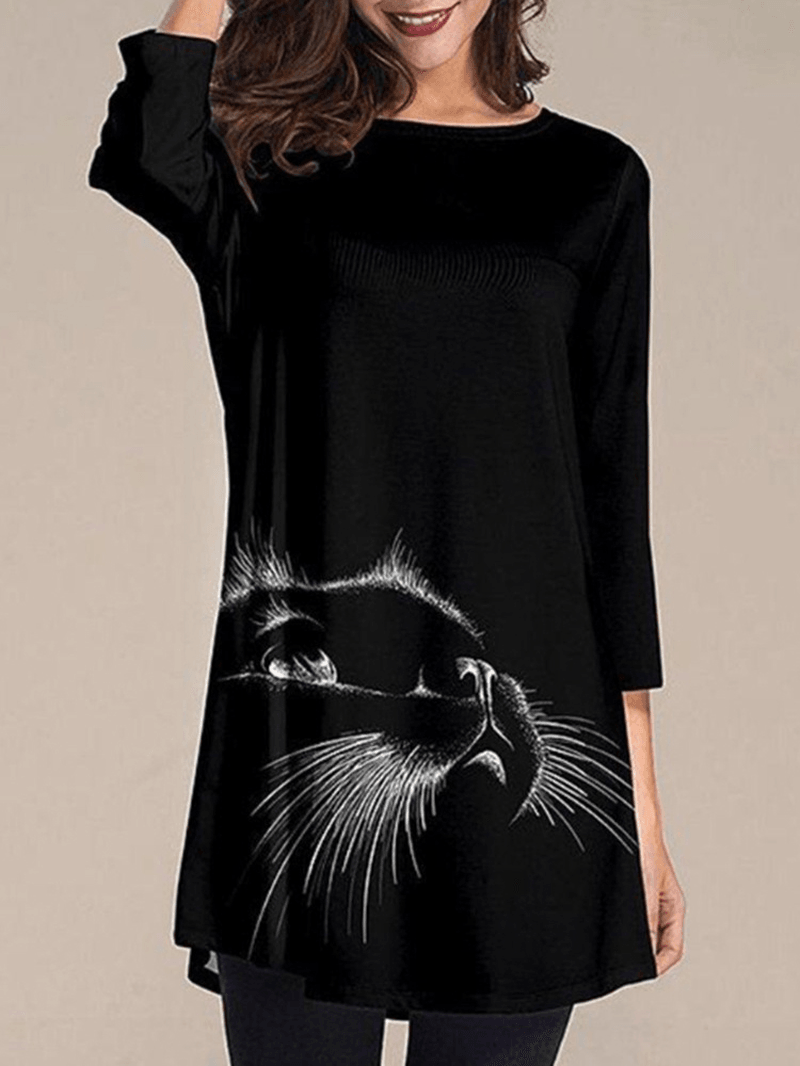 Women Cat Print round Neck 3/4 Sleeve Casual Black Blouses - MRSLM