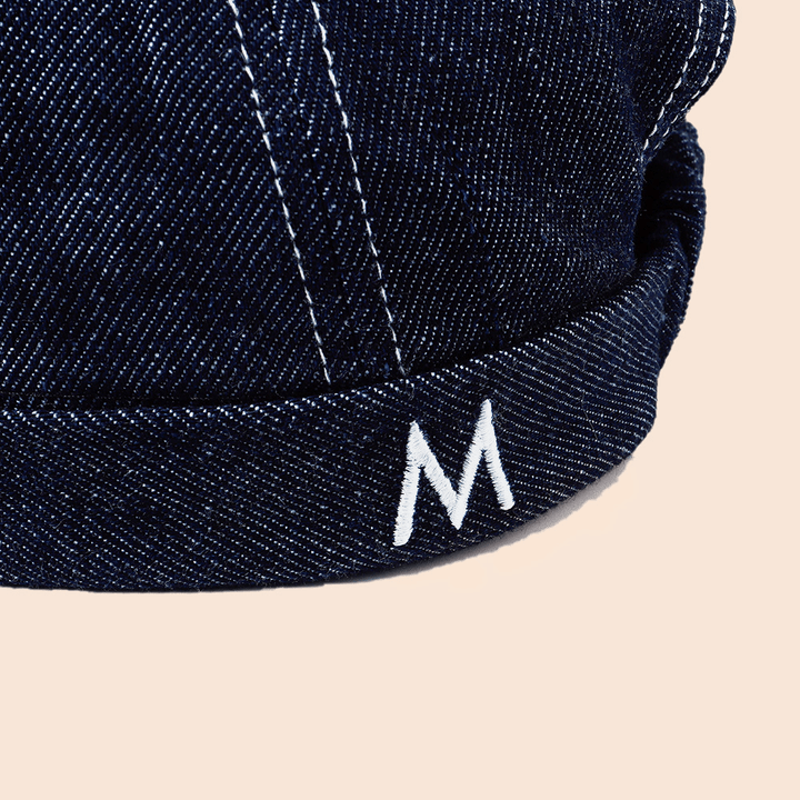 Men Denim Dome Letter Embroidery Landlord Cap Hip Hop Summer Sunshade Adjustable Brimless Beanie Skull Cap - MRSLM