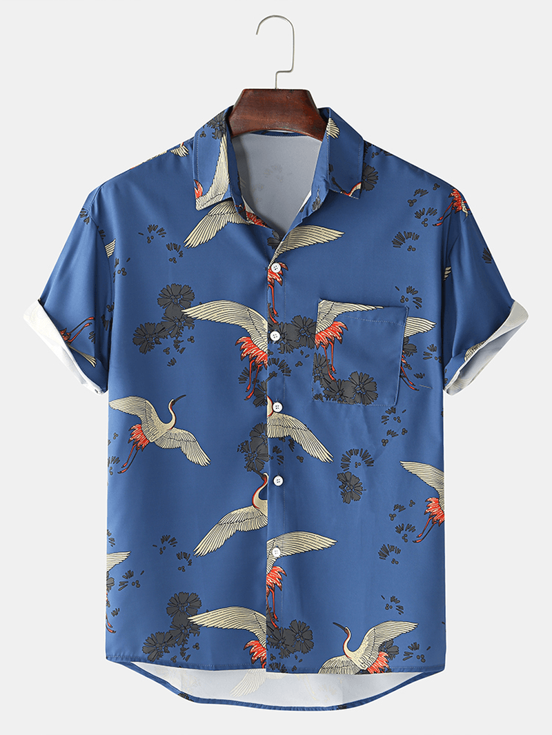 Mens Cotton Crane Print Turn Collar Short Sleeve Shirts - MRSLM