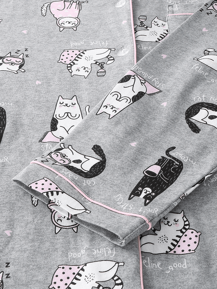 Women Allover Cartoon Cats Print Lapel Long Sleeve Cotton Loungewear Comfy Home Pajamas Sets - MRSLM