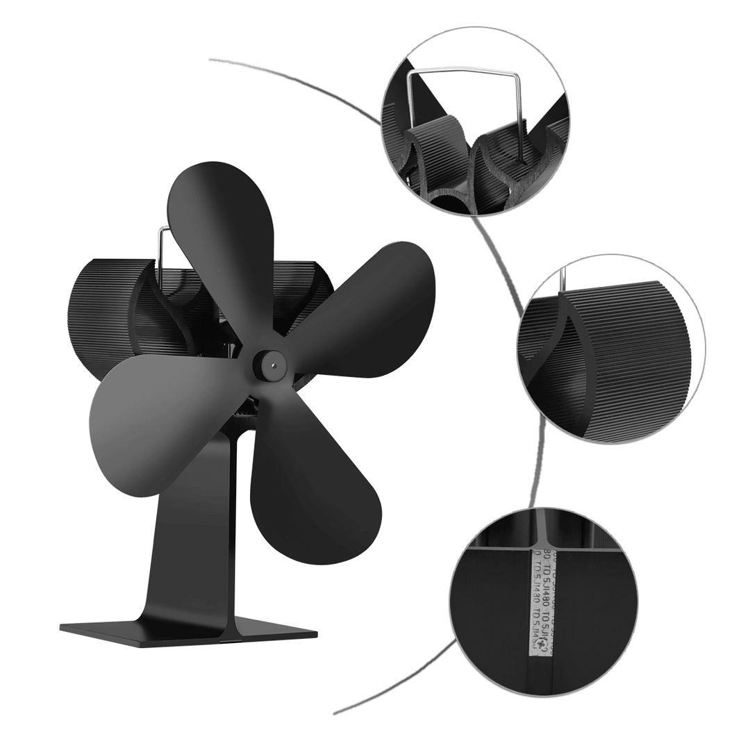 2 Pcs Ipree® FFAN01 4 Blade Fireplace Fan Eco Friendly Quiet Winter Thermal Heat Power Fan Wood Burner Stove Fan Home Travel - Black - MRSLM