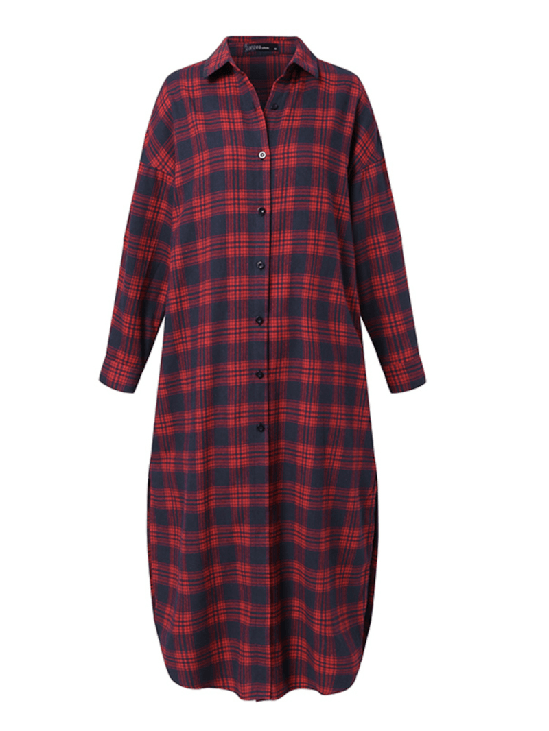 Women Plaid Retro Button Cuffs Split Side Pockets Lapel Long Sleeve Shirtdress Cardigan - MRSLM