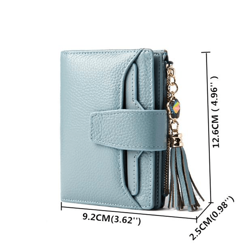 Women Casual Genuine Leather Purse 19 Card Slot Tassel Short Wallet - MRSLM