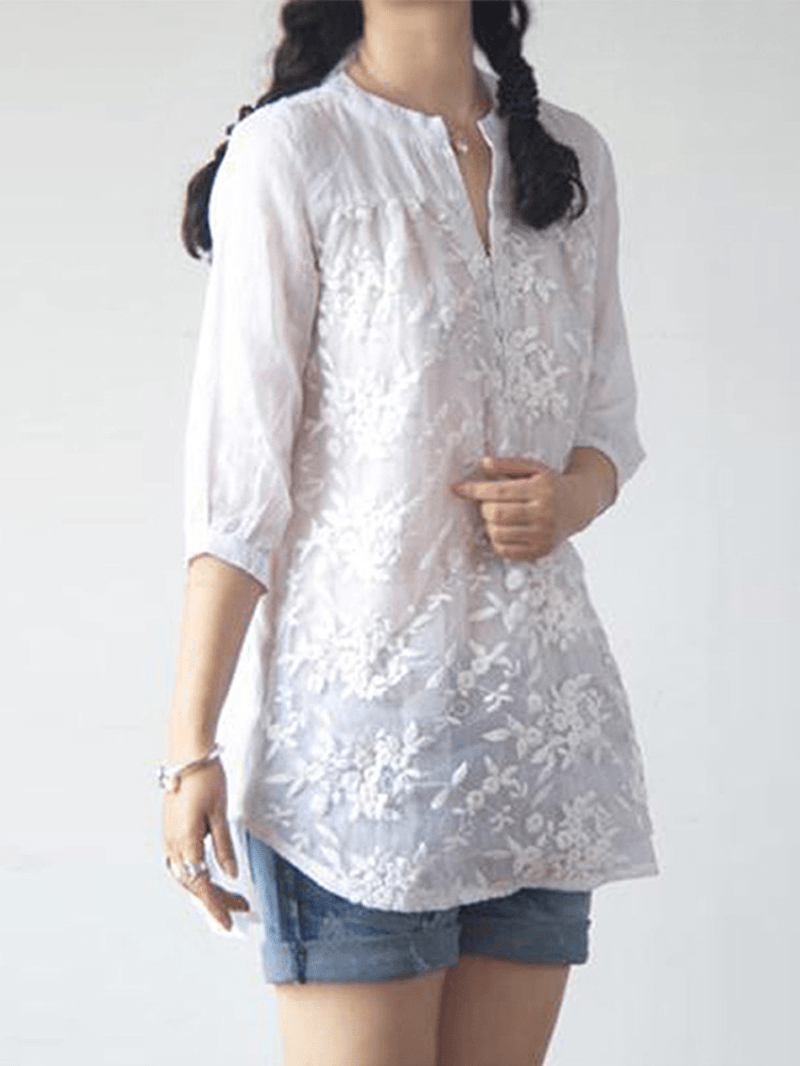 Women Floral Embroidery V-Neck 3/4 Sleeve Blouse - MRSLM