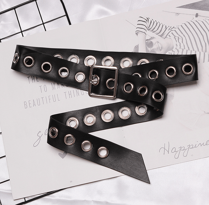 Versatile Ring Extra Long Belt Female Black Wide Metal Eyelet Female Belt Decorated Dress Trousers - MRSLM