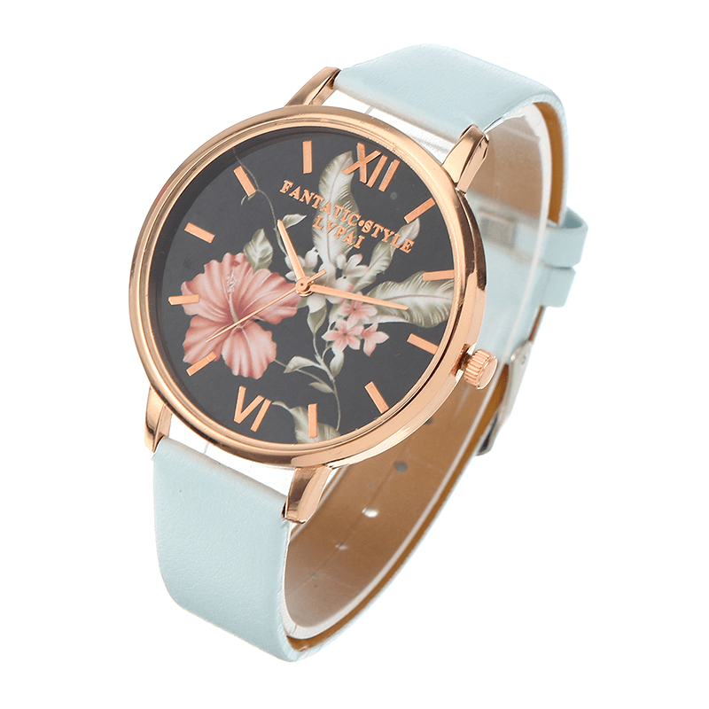 LVPAI Fashion Flower Pattern PU Leather Strap Womenwrist Watch Ladies Dress Quartz Watch - MRSLM