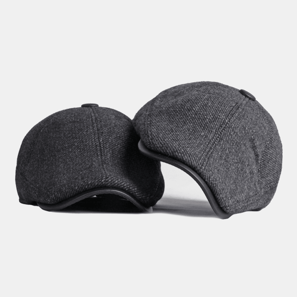 Men Winter Warm Ear Protection Woolen Beret Cap British Retro Short Brim Adjustable Forward Hat Painter Cap - MRSLM