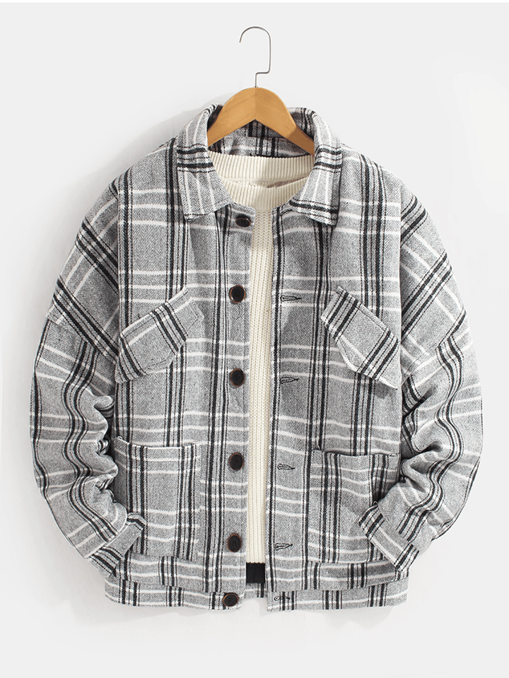 Mens Plaid Button up Warm Long Sleeve Pocket Woolen Jacket - MRSLM