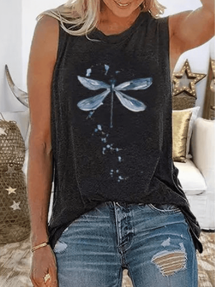 Women Dragonfly Print Sleeveless Casual Tank Tops - MRSLM