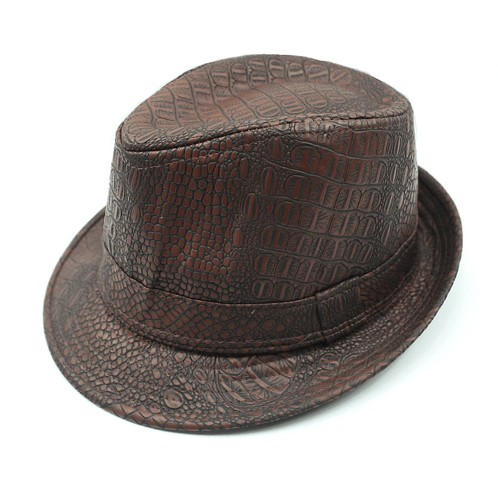 Mens PU Leather Crocodile Pattern Jazz Hat Outdoor Middle-Aged Wide Brimmed Fedora Hats - MRSLM