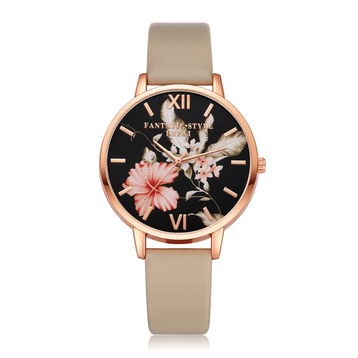 LVPAI Fashion Flower Pattern PU Leather Strap Womenwrist Watch Ladies Dress Quartz Watch - MRSLM