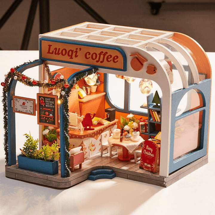 Iiecreate K-046 DIY Assembled Luoqi Coffee Cabin Doll House Christmas Gifts Model Toy - MRSLM