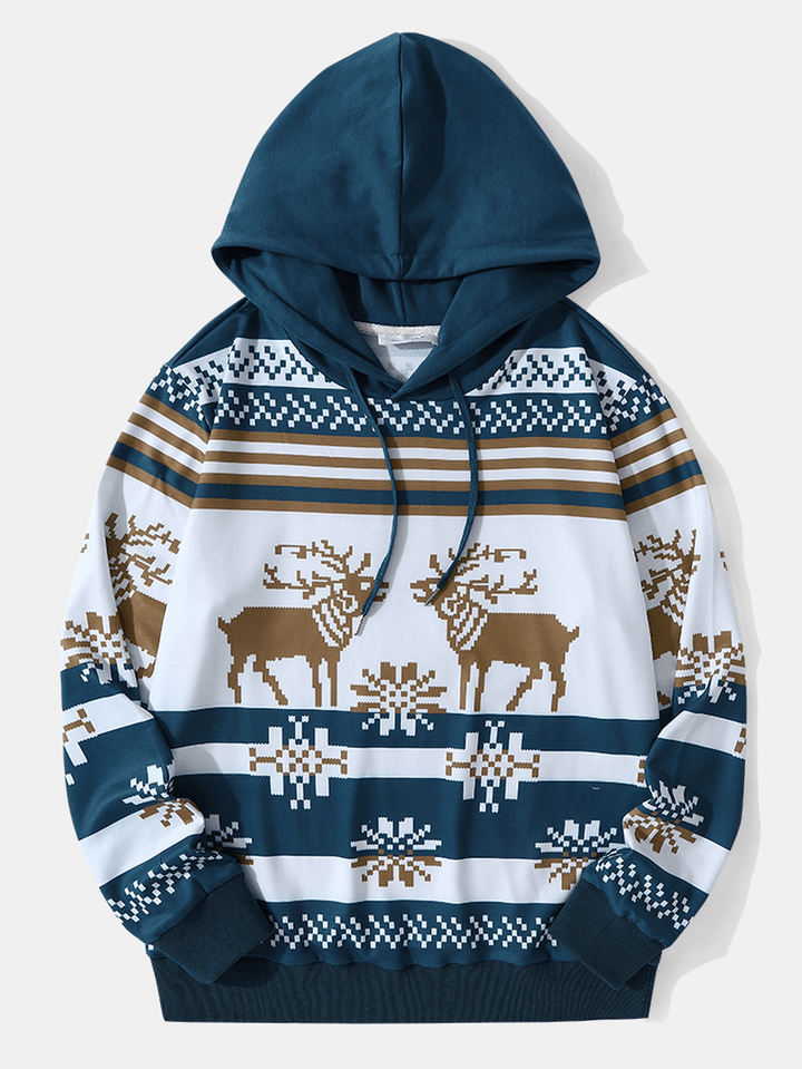 Men Christmas Snow Elk Contrast Print Casual Hooded Sweatshirt - MRSLM