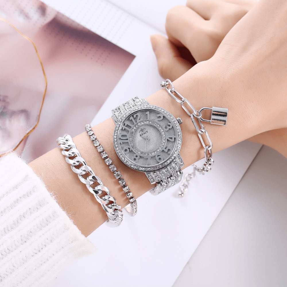 4 Pcs Fashion Alloy Stainless Steel Large Dial Steel Band Lady Quartz Watch Bracelet - MRSLM