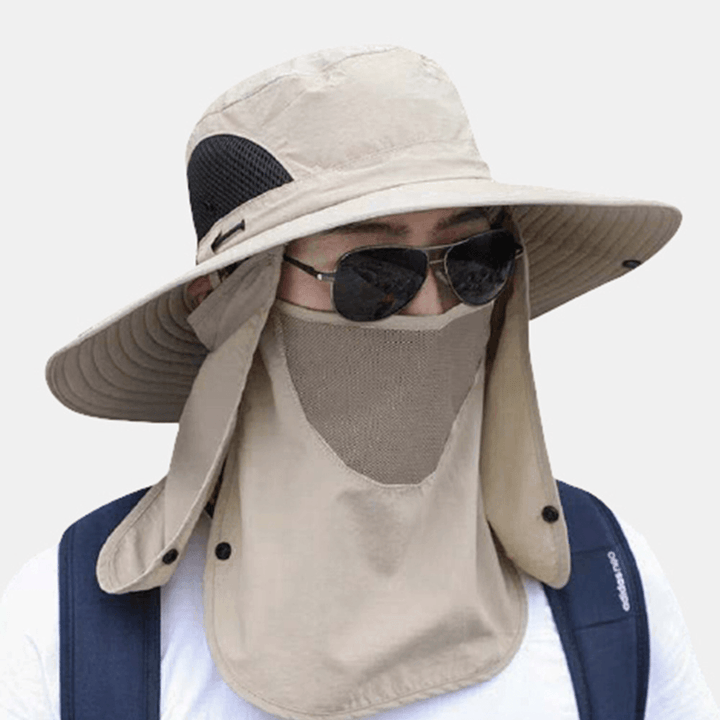 Unisex Big Brim Dual-Use Windproof Rope Mask Curtain Cover Face Summer Outdoor Fishing 360 Degree Sunshade Bucket Hat - MRSLM