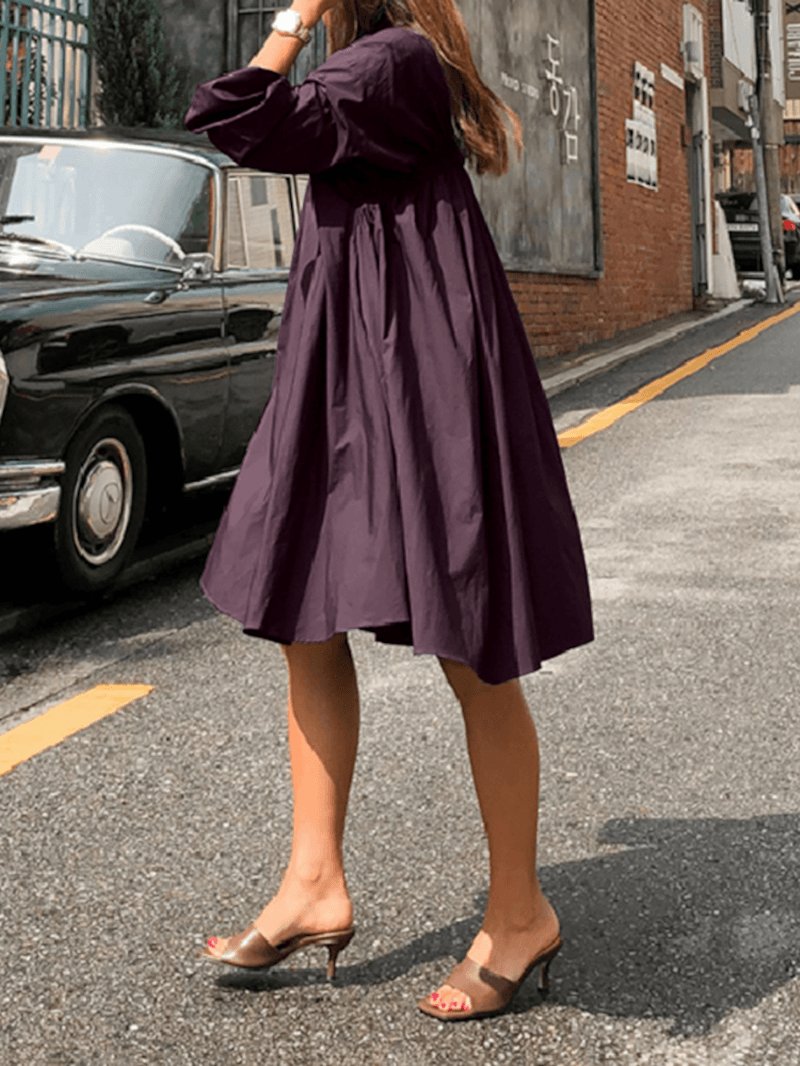 Women Solid Color Pleated Long Sleeve Casual Shirt Midi Dresses - MRSLM