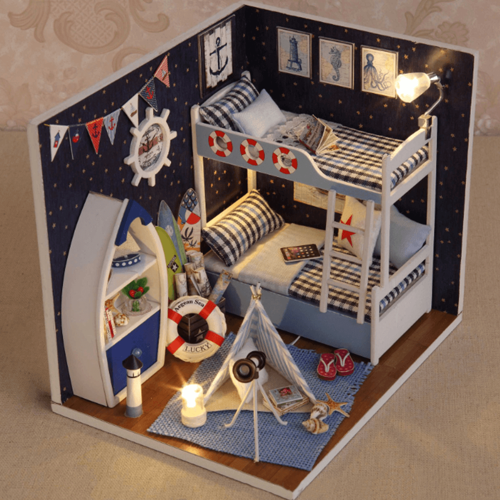 Creative Room DIY Handmade Assembly Doll House Miniature Furniture Kit with LED Light Dust Proof Cover Toy for Kids Birthday Gift Home Decoration Collection - MRSLM