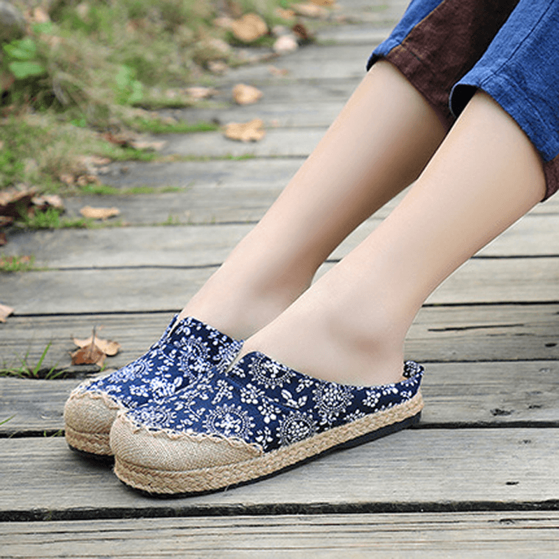 Women Casual Cotton Flax Outdoor Comfortable round Toe Flat Loafer Shoes - MRSLM