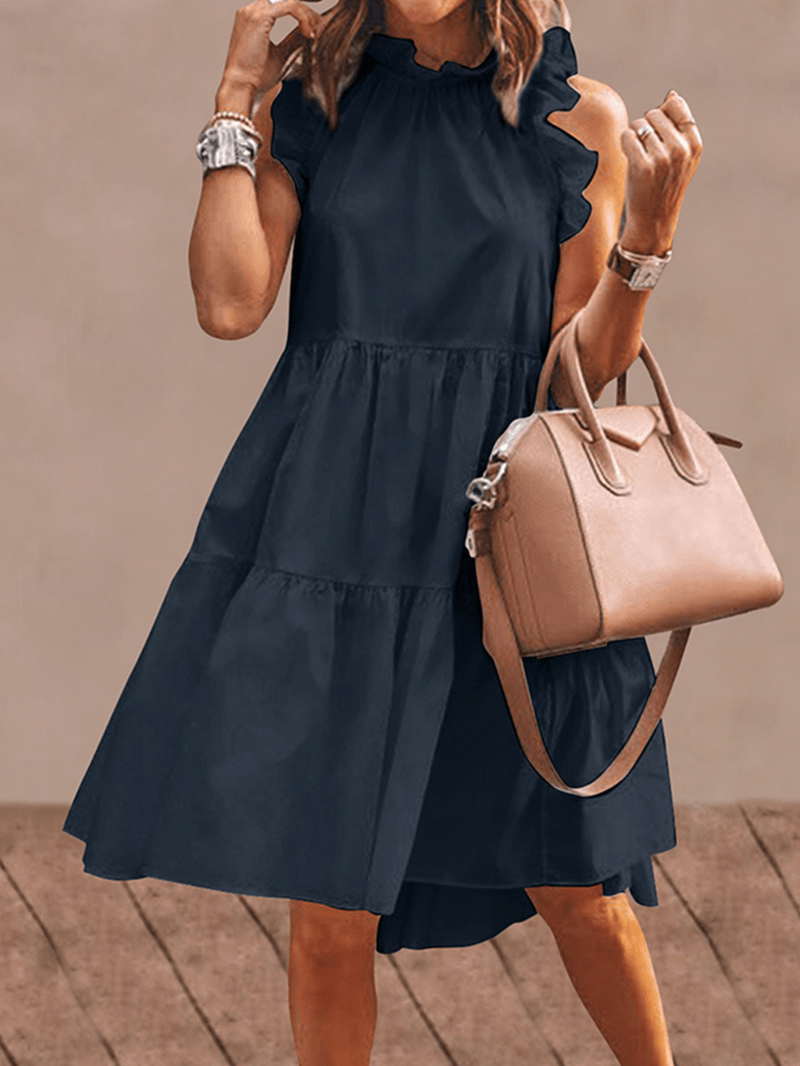 Women Solid Color Ruffles Trim Sleeveless Simple Midi Dresses - MRSLM