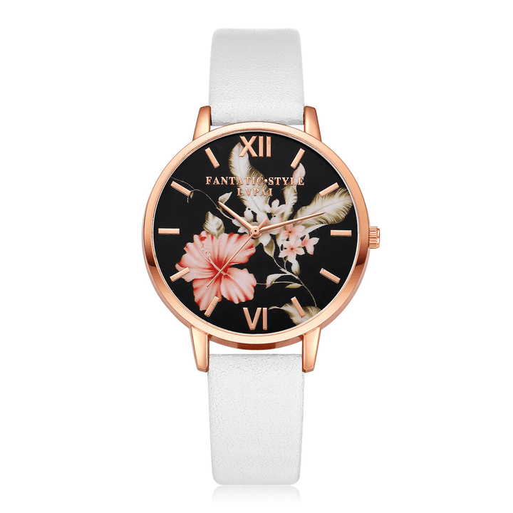 LVPAI Fashion Flower Pattern PU Leather Strap Womenwrist Watch Ladies Dress Quartz Watch - MRSLM