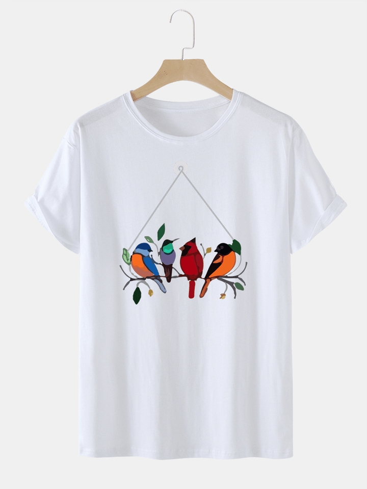 Mens 100% Cotton Colorful Bird Print round Neck T-Shirt - MRSLM