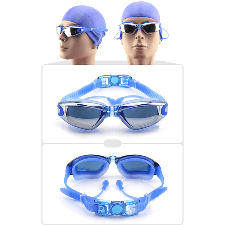 Swimming Goggles with Earplug Waterproof anti Fog Mirrored Large Frame HD Goggles for Men Women - MRSLM