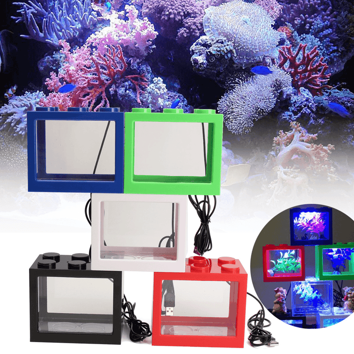 Mini USB LED Light Clear Fish Tank Mini Aquarium Box Bettas Office Desktop Decor - MRSLM