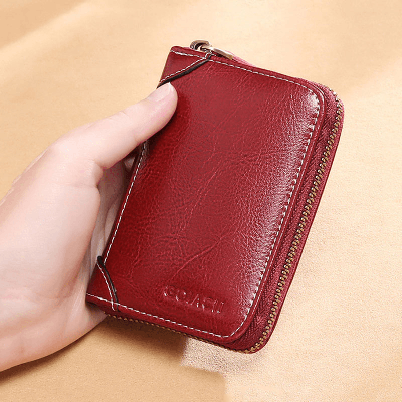 Women 12 Card Slots Rfid Genuine Leather Short Zipper Coin Purse Wallet - MRSLM