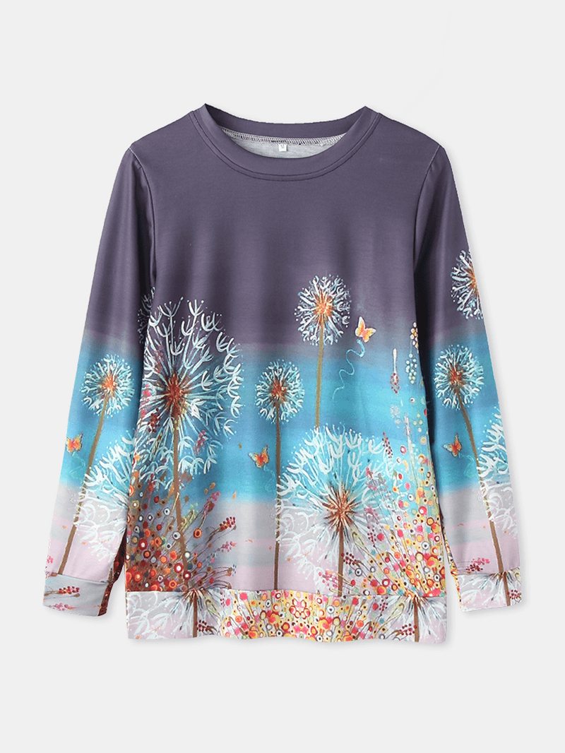 Women Flower Printed Ombre Long Sleeve O-Neck Daily T-Shirt - MRSLM