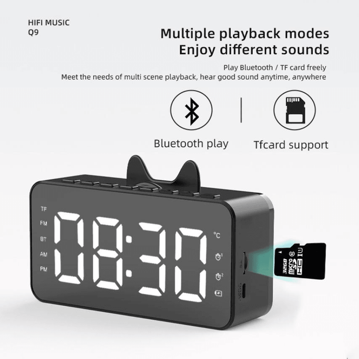 Q9 FM Radio Clock Mirror Bluetooth Speaker Dual Alarm Thermometer Phone Holder Card Multi-Function Audio HD Screen Smart Speaker - MRSLM