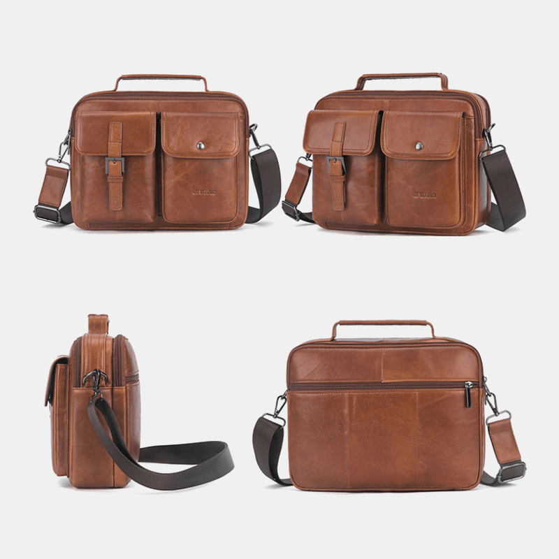 Men Genuine Leather Multi-Function Retro Large Capacity Handbag Shoulder Bag Cross Body Bag - MRSLM