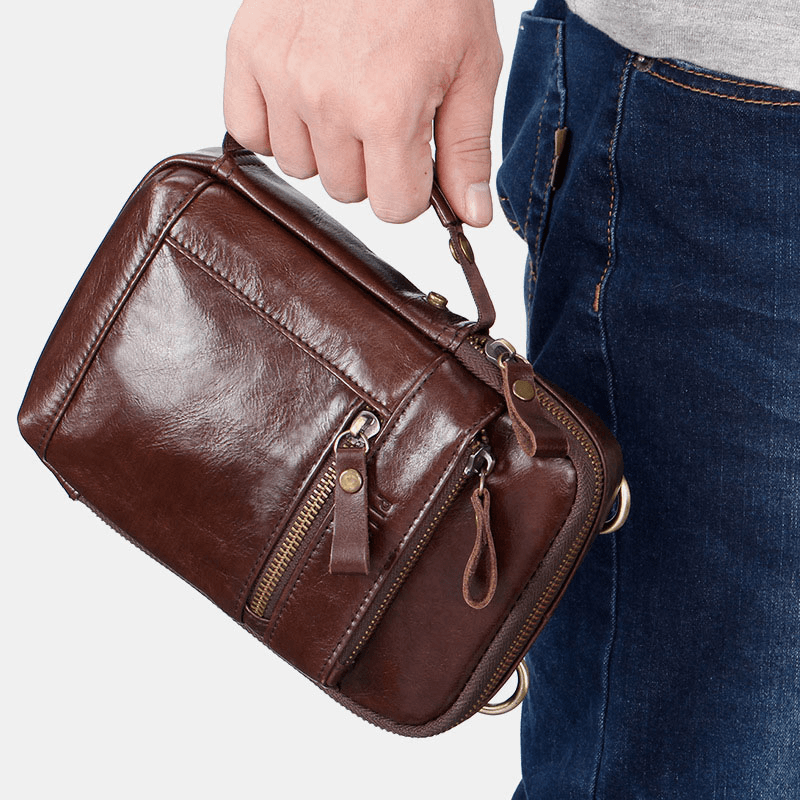 Men Genuine Leather Multi-Layer Crossbody Bag Waist Belt Bag Shoulder Bag Phone Bag - MRSLM