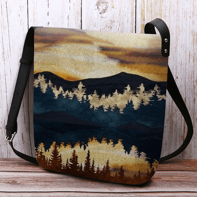 Women Felt Mountain Treetop Print Pattern Casual Outdoor Shoulder Bag Crossbody Bag - MRSLM