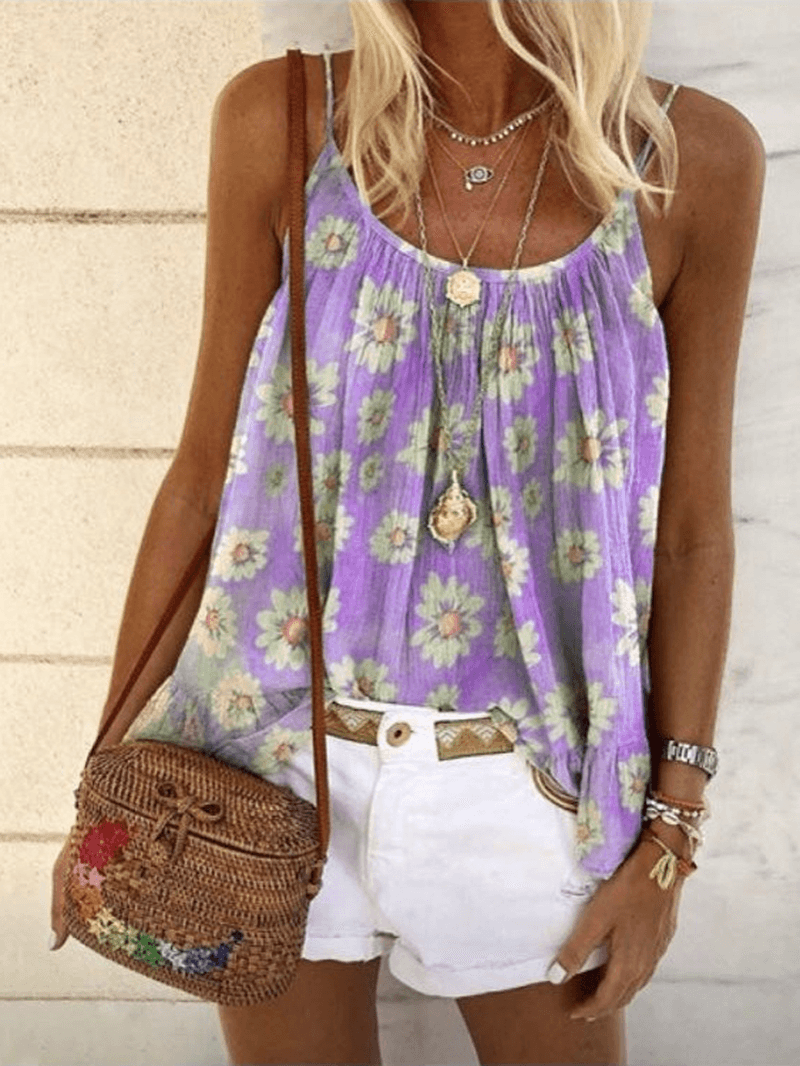 Daisy Print Sleeveless Straps Loose Tank Tops - MRSLM