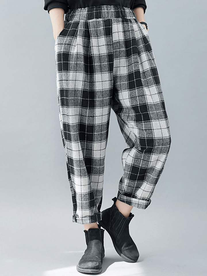 Women Plaid Color Block Elastic High Waist Side Pocket Harem Pants - MRSLM