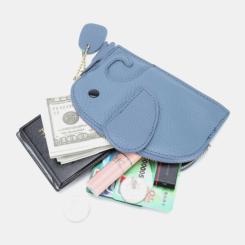 Women Genuine Leather Casual Cute Animal Elephant Pattern Mini Keychain Coin Bag Storage Bag - MRSLM