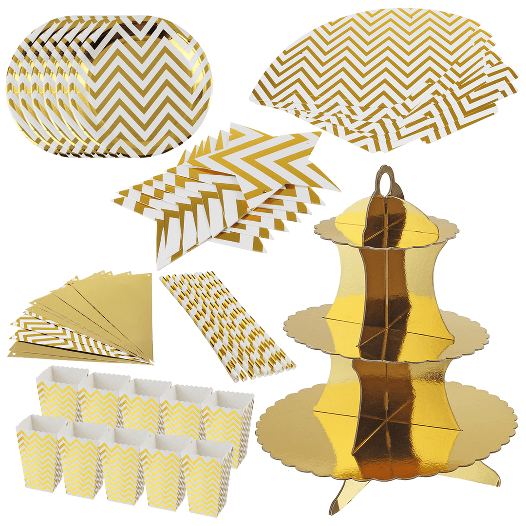 Gold Stripe Series Disposable Tableware Sets Paper Plates for Party Party Birthday Wedding Decoration - MRSLM