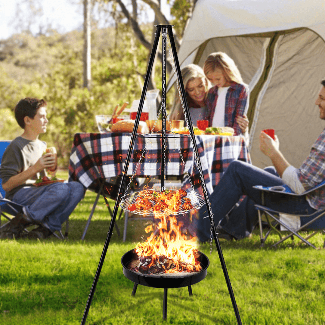 Ipree® 9 Pcs Hanging BBQ Grilling Adjustable Height Tripod Cookware Camping Family Picnic - MRSLM