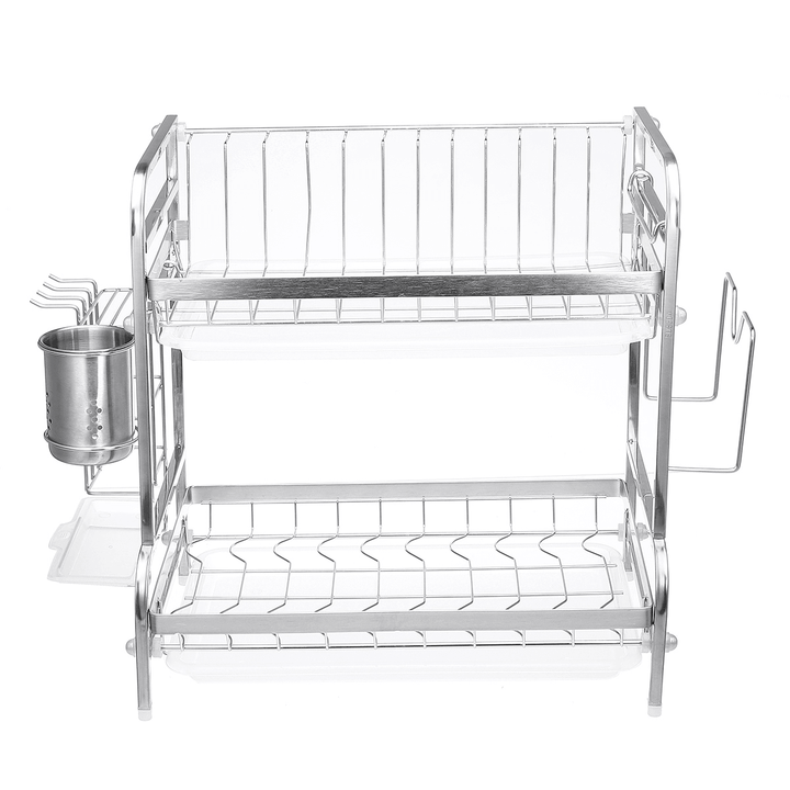 2 Tier Stainless Steel Drain Dish Rack Tableware Cutlery Drain Rack Kitchen Shelf Rack - MRSLM