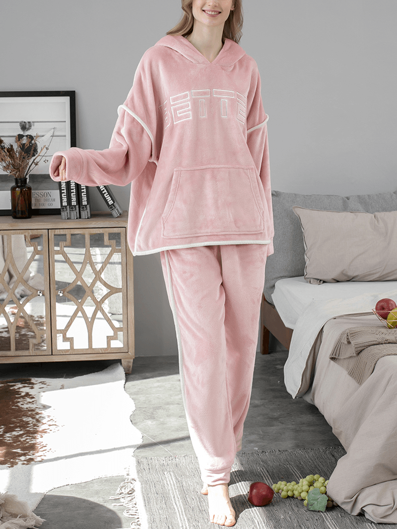 Women Flannel Letter Embroidery Thicken Hoodie Elastic Waist Loose Pants Home Pajama Set - MRSLM