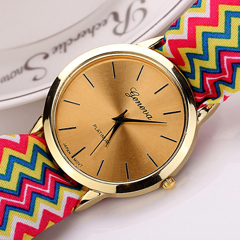 Fashion Chic Big Dial Striped Cloth Strap Women Quartz Watch Wristwatch - MRSLM