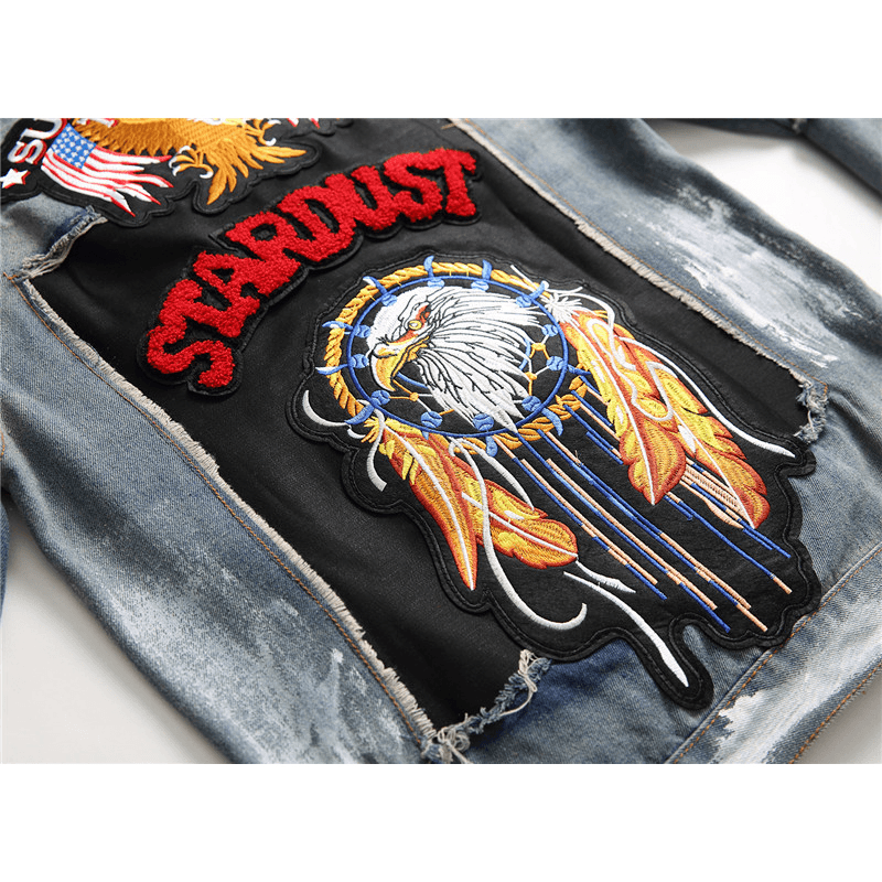 Retro Single Breasted Patched Denim Jacket - MRSLM