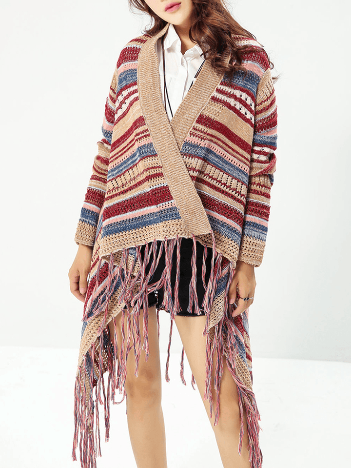 Ethnic Women Colorful Striped Long Sleeve Tassel Sweater Cardigan - MRSLM