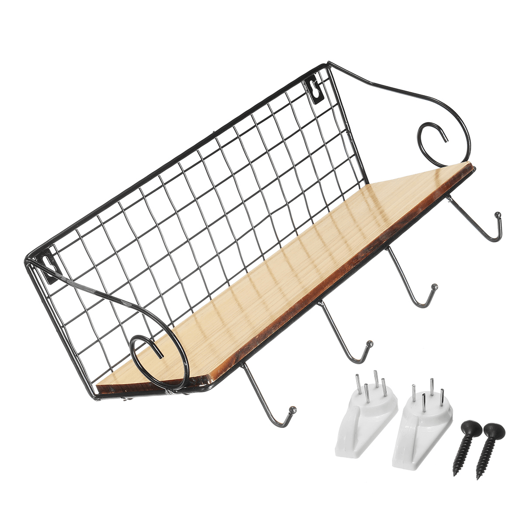 Hanging Wall Mounted Rack Storage Organizer Wood Home Display Storage Baskets W/ Iron Hook - MRSLM