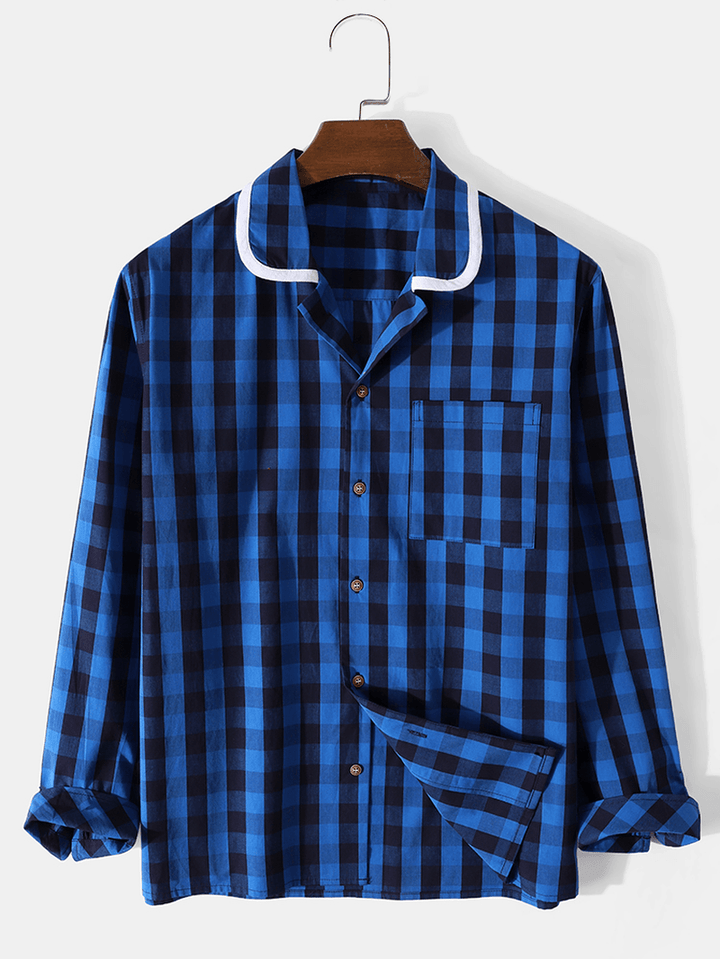 Mens Plaid Contrast Collar 100% Cotton Long Sleeve Shirts - MRSLM