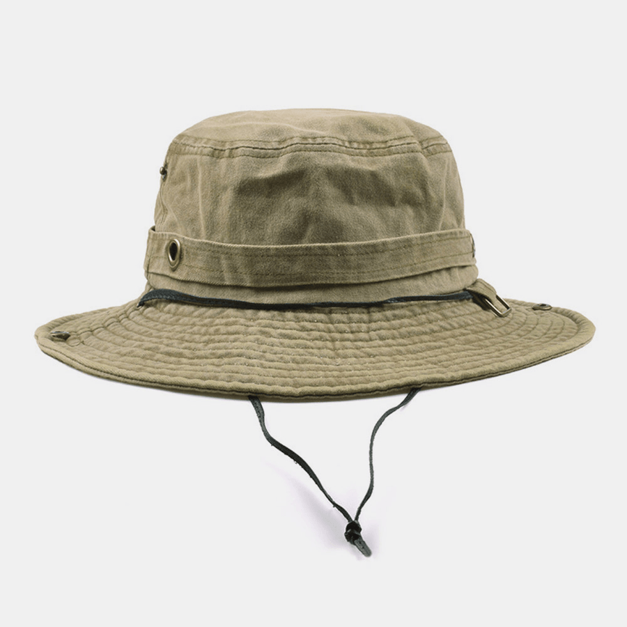 Men Cotton Wash Dual-Use Windproof Rope Outdoor Fishing Climbing Anti-Uv Sunshade Bucket Hat - MRSLM