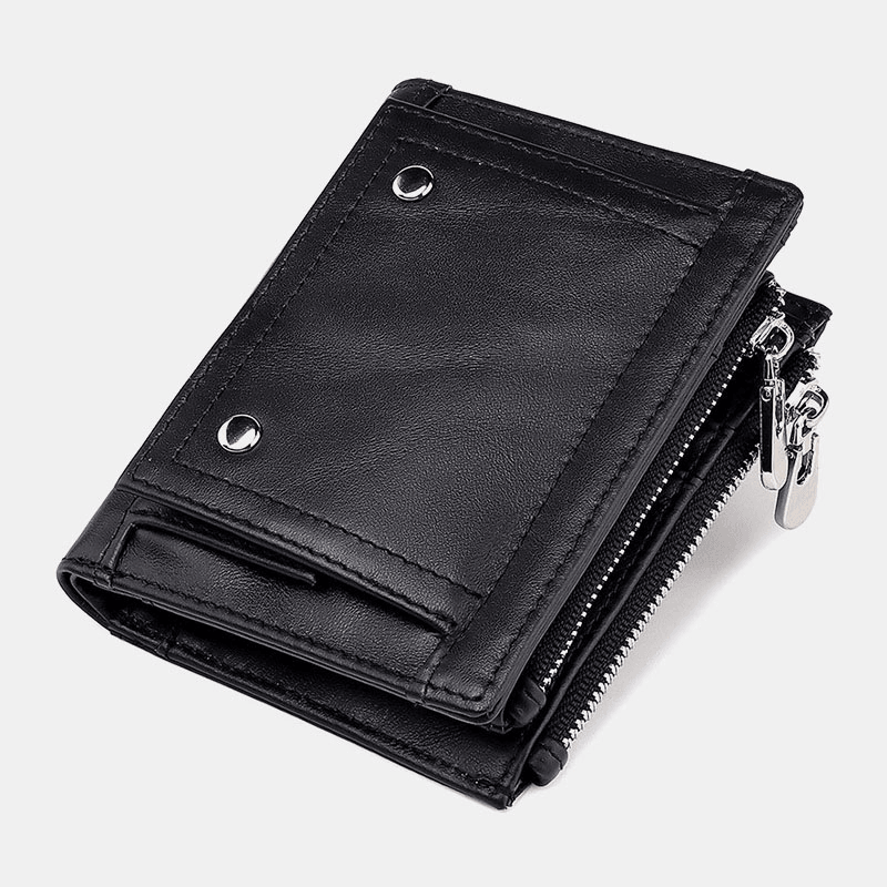 Men Genuine Leather RFID Anti-Theft Double Zipper Retro Business Multi Card Slot Leather Card Holder Wallet - MRSLM