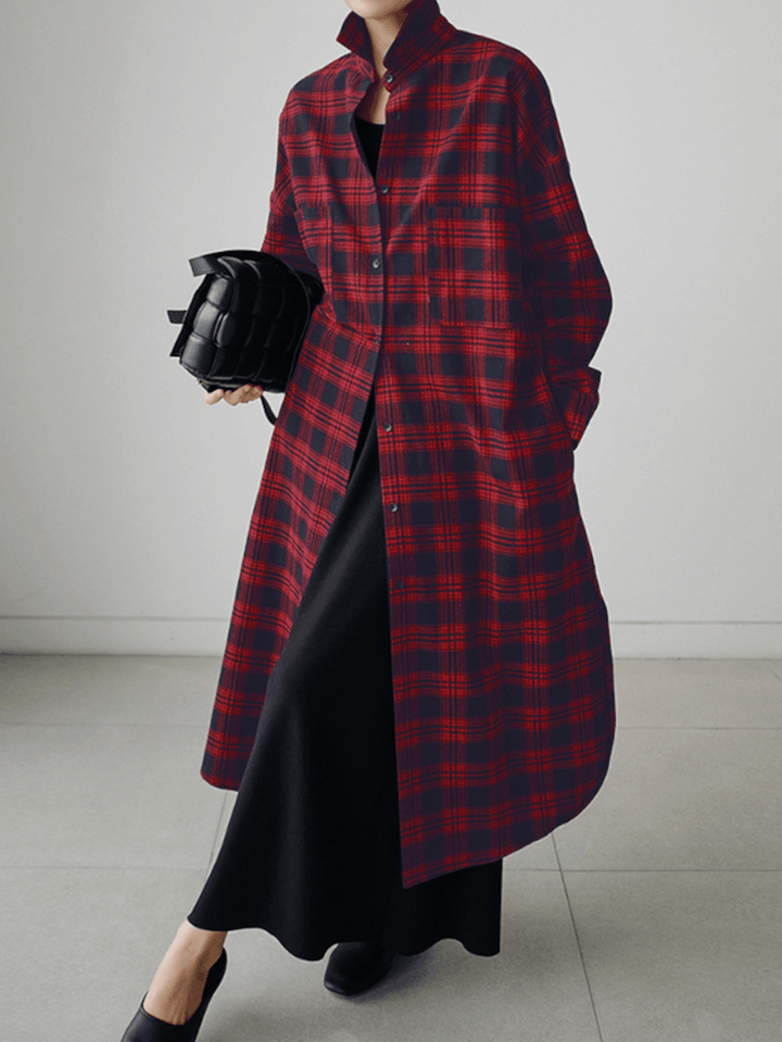 Women Plaid Retro Button Cuffs Split Side Pockets Lapel Long Sleeve Shirtdress Cardigan - MRSLM