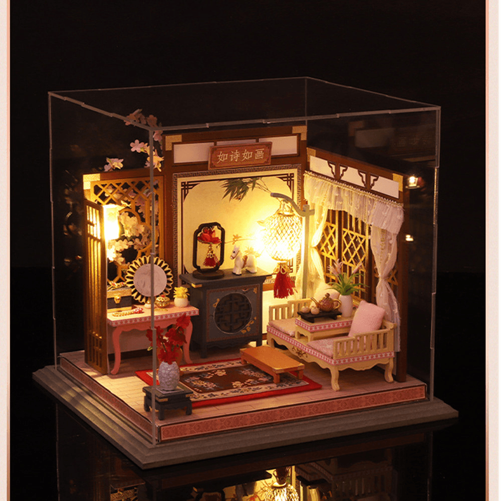 DIY Creative Chinese Style Retro Architectural Model Wooden Doll House Miniature Landscape Home Creative Gifts with Dust Cover and Furniture - MRSLM