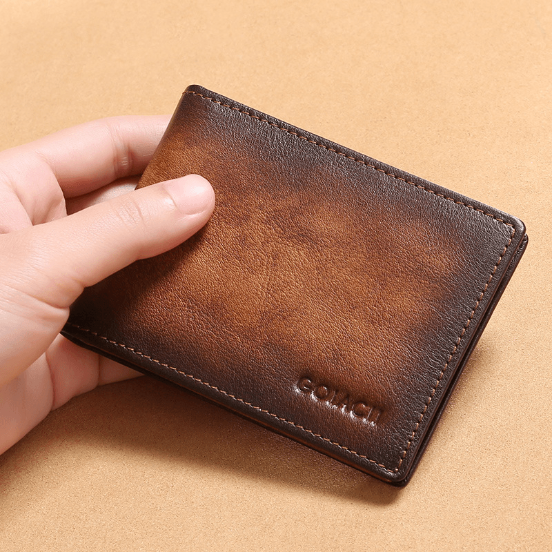 Men Genuine Leather RFID Anti-Theft Multifunction Retro Large Capacity Foldable Card Holder Bag - MRSLM